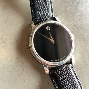 Movado museum black dial black leather Men’s watch
